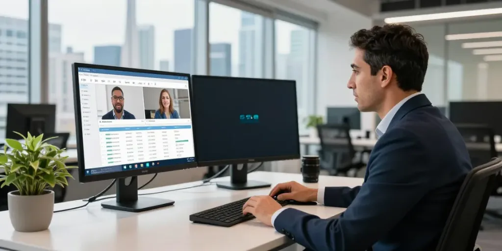 Michael Rustom conducting a video consultation in a modern office.