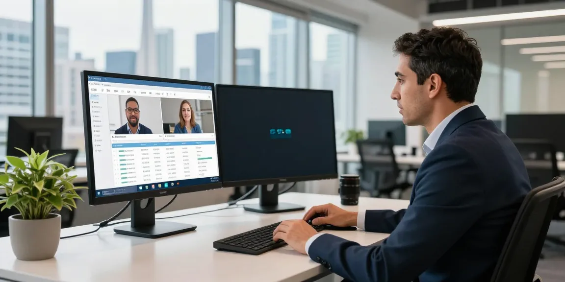 Michael Rustom conducting a video consultation in a modern office.