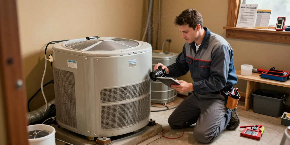 Furnace repair Stevens Point with a technician inspecting a heating system in a cozy home.