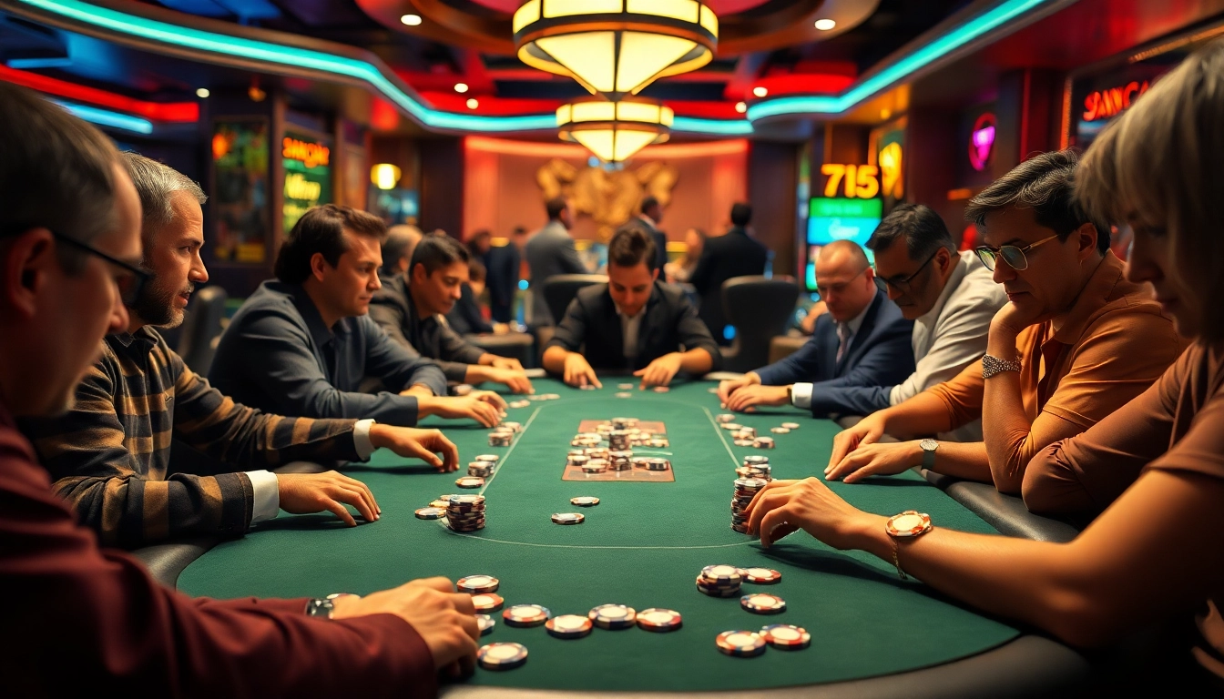 Poker88 dalam suasana kasino yang ramai dengan pemain terlibat di meja.