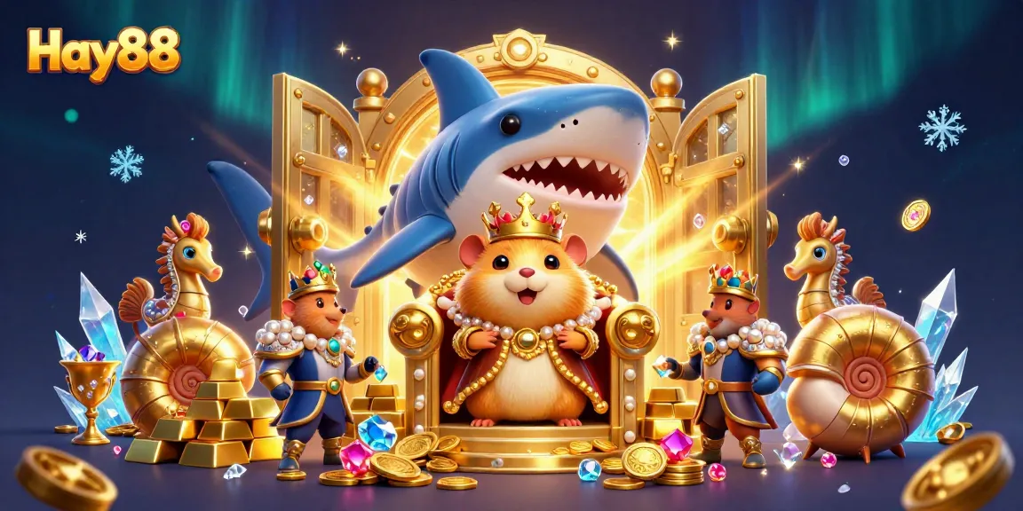 Experience thrilling gaming at Hay88 with our vibrant 3D casino adventure illustration featuring treasures and a hamster king.