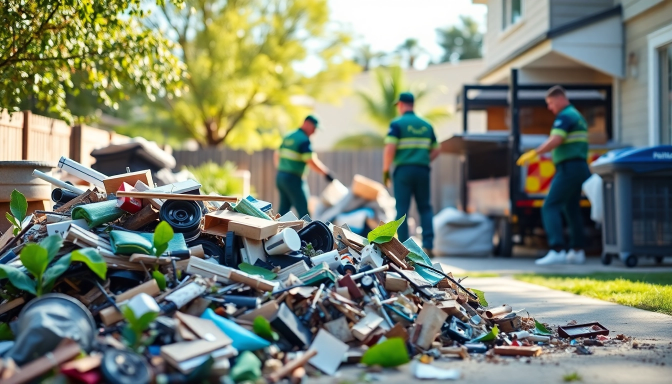 Efficient junk removal service team clearing clutter from a residential yard.