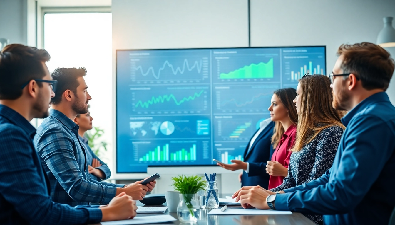 Analyze market trends with a professional competitive intelligence consultancy team in a modern office.