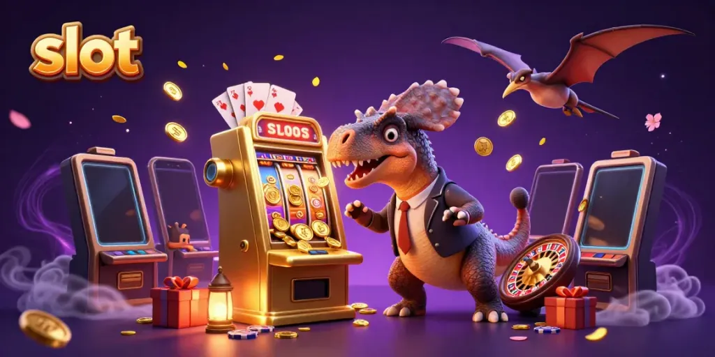 A cartoon illustration of a pachycephalosaurus hitting a golden slot machine while a casino manager waves, depicting excitement in a vibrant casino scene.