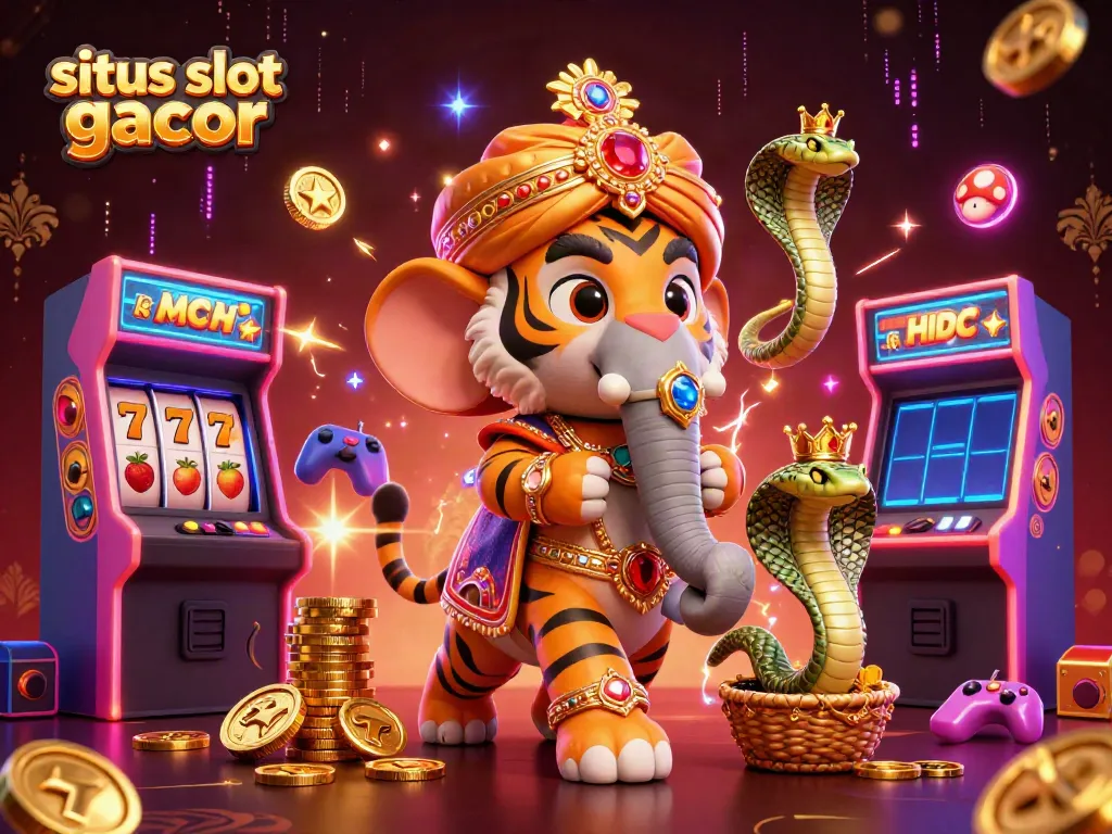 Engage in situs slot gacor with vibrant slots, an elephant, and a regal tiger under dazzling effects.