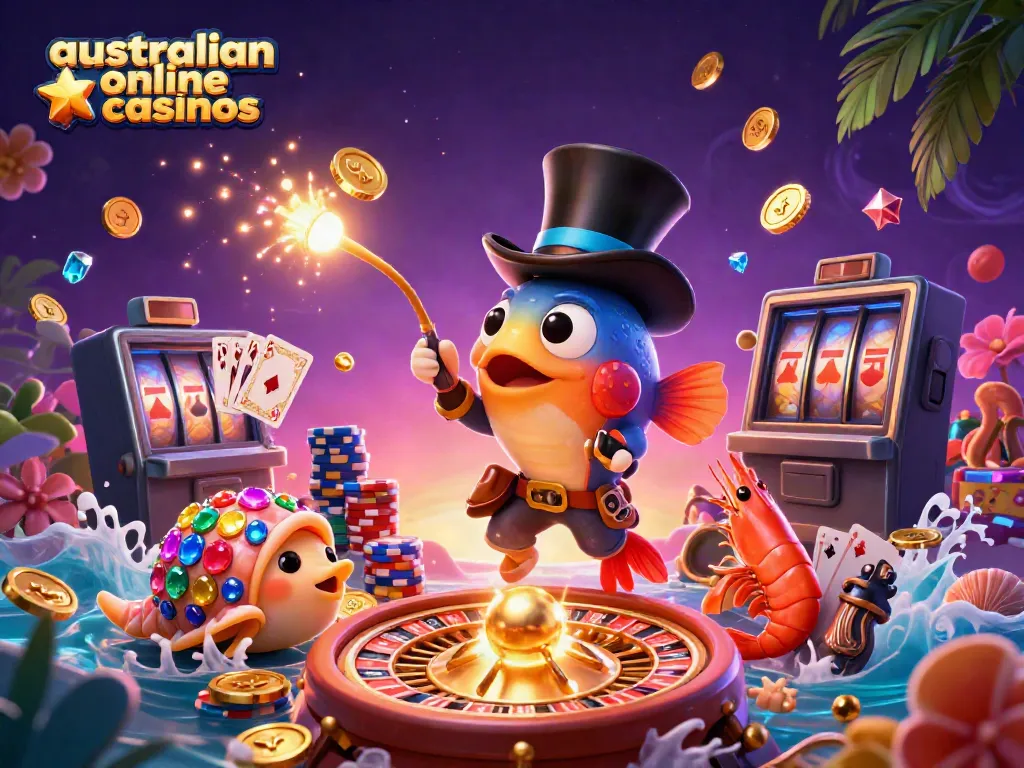Attract golden coins in australian online casinos with a glowing anglerfish and treasure sea creatures.