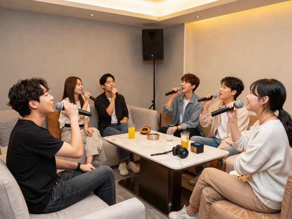 강남 달토에서 친구들과 함께 즐거운 시간을 보내는 모습, 고급스러운 가라오케 룸과 아늑한 분위기