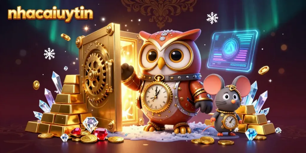 Engage with nhacaiuytin's lively 3D illustration of a steampunk owl in a casino adventure featuring treasures and excitement.