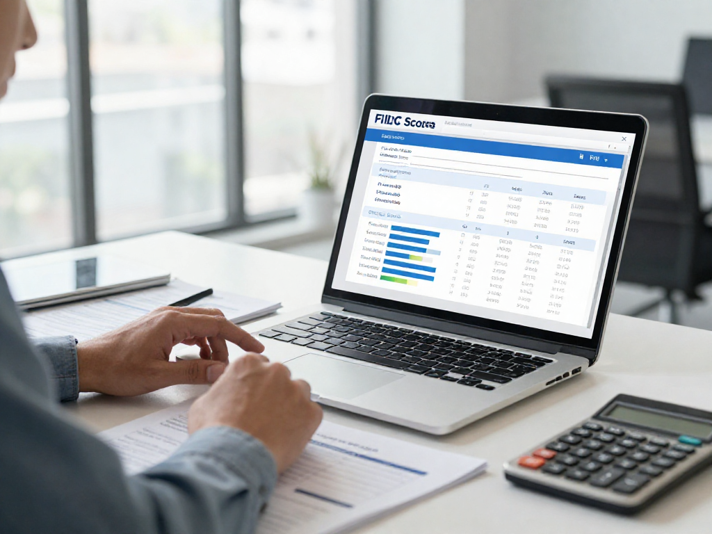 Analyzing FICO scores on a laptop in a bright finance office