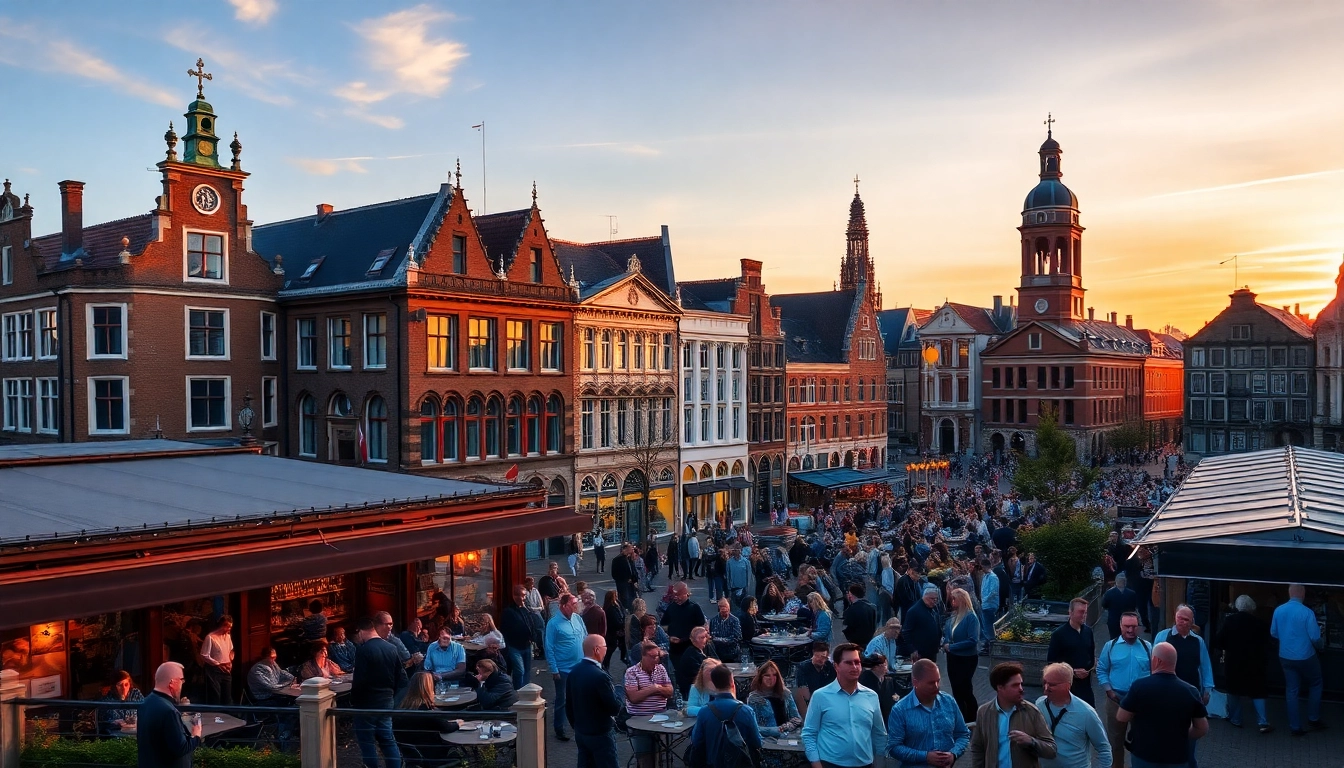 Bekijk de levendige straatgezichten van leideninbeeld.nl met historische architectuur en een café.