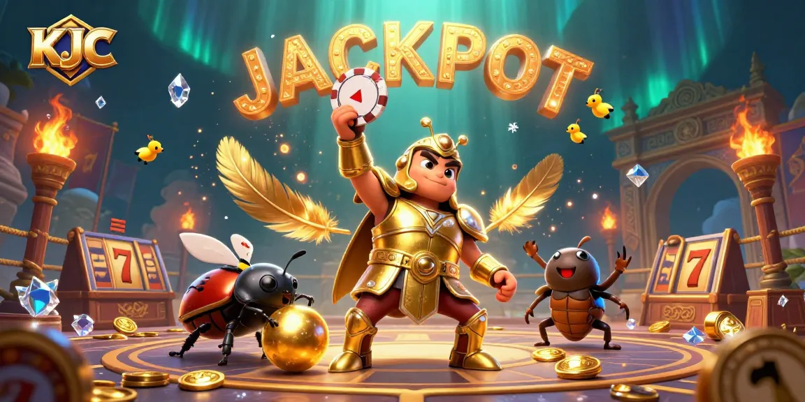 KJC players celebrating a jackpot win in a dynamic casino scene with colorful elements.