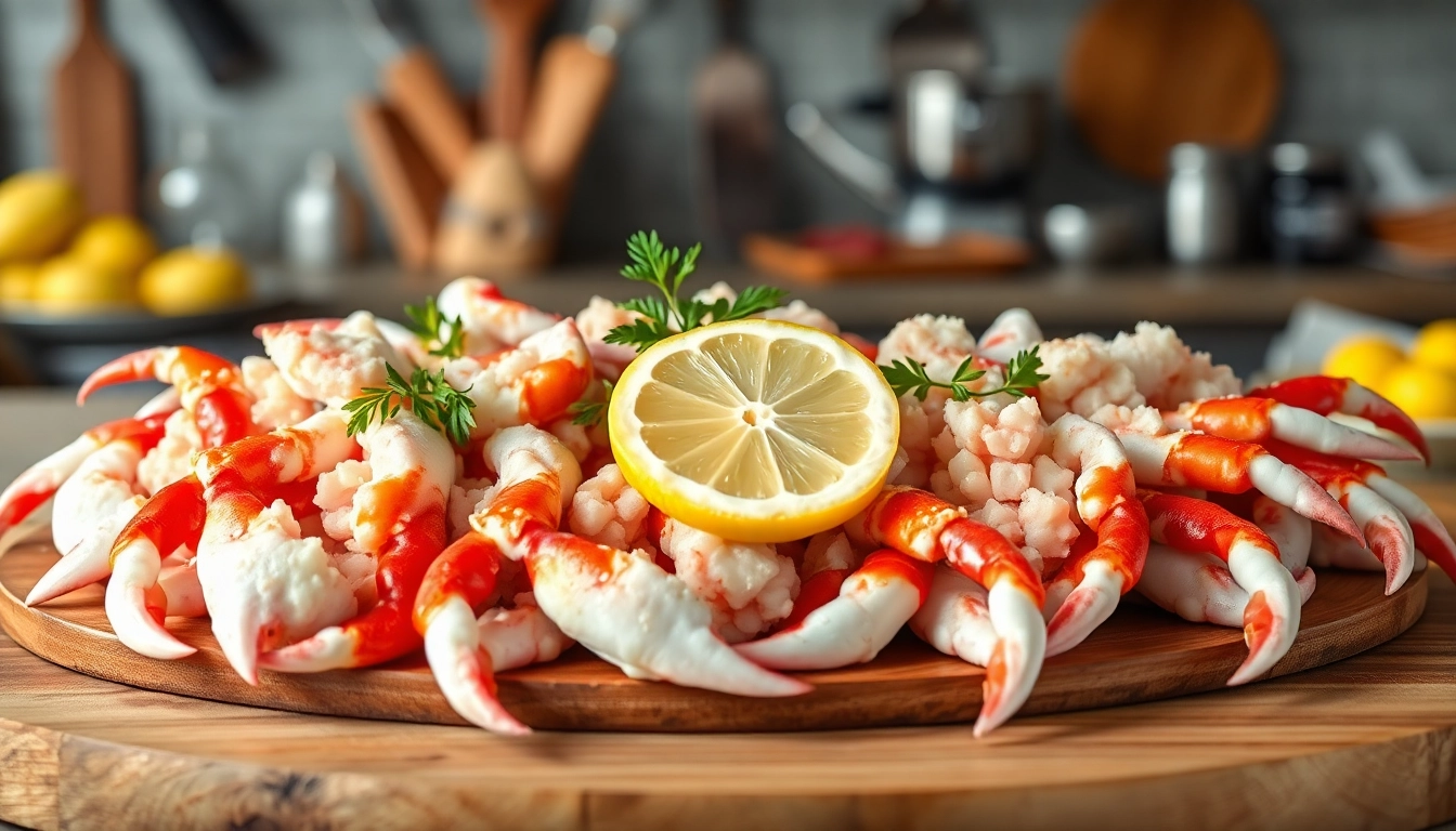 Snow crab wholesale supplier showcasing fresh clusters on a wooden platter with lemon and herbs.