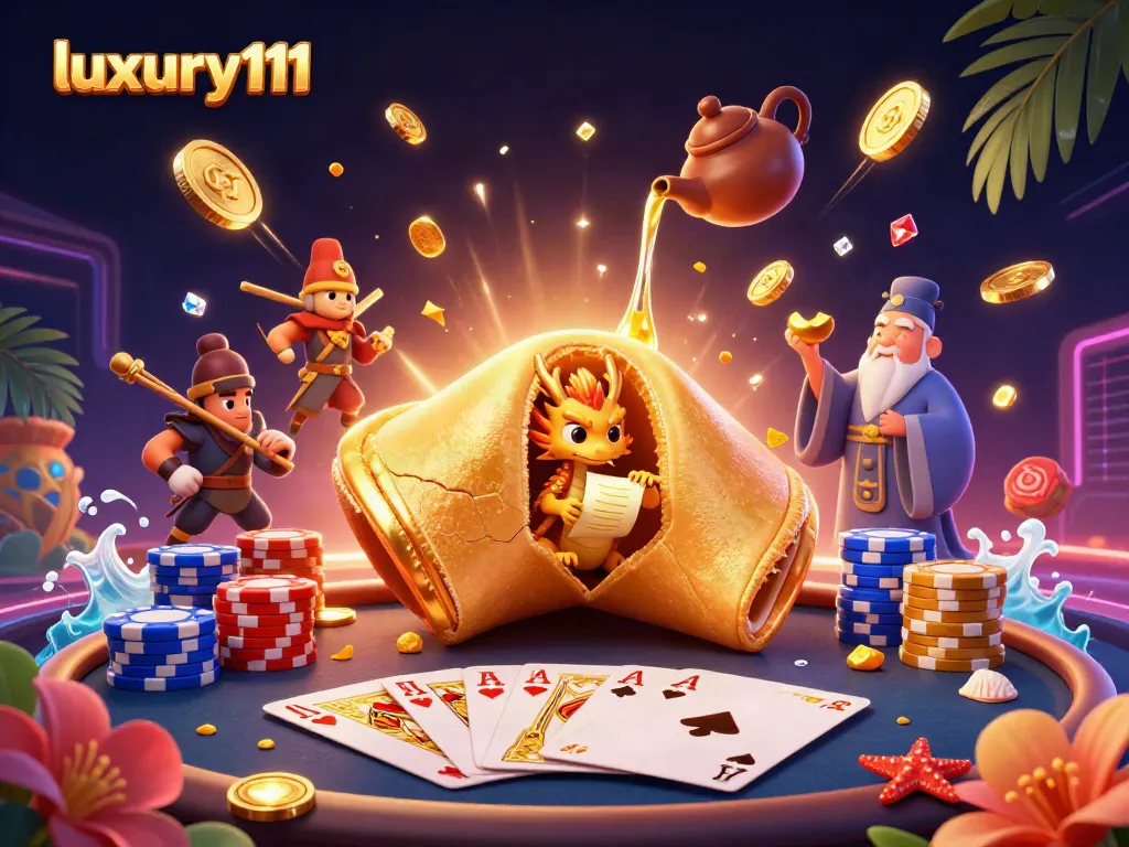 Engage with luxury111's exhilarating poker experience featuring golden coins, gems, and vibrant characters.