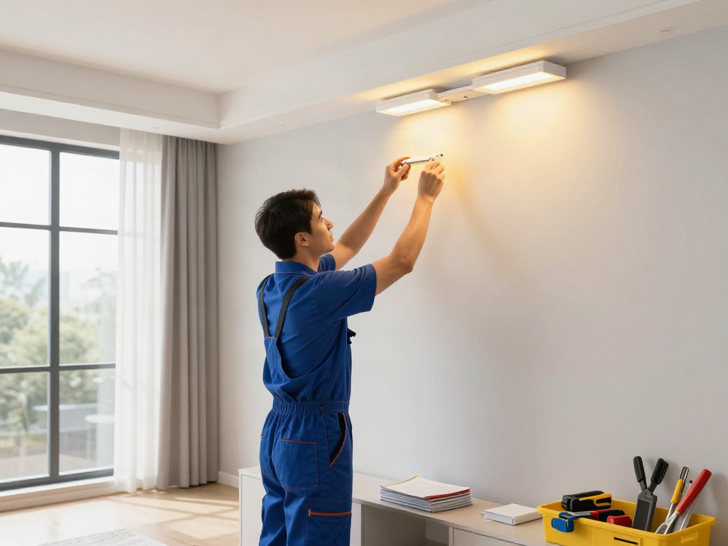 Instalare aplice LED de către un profesionist în interiorul unui living modern