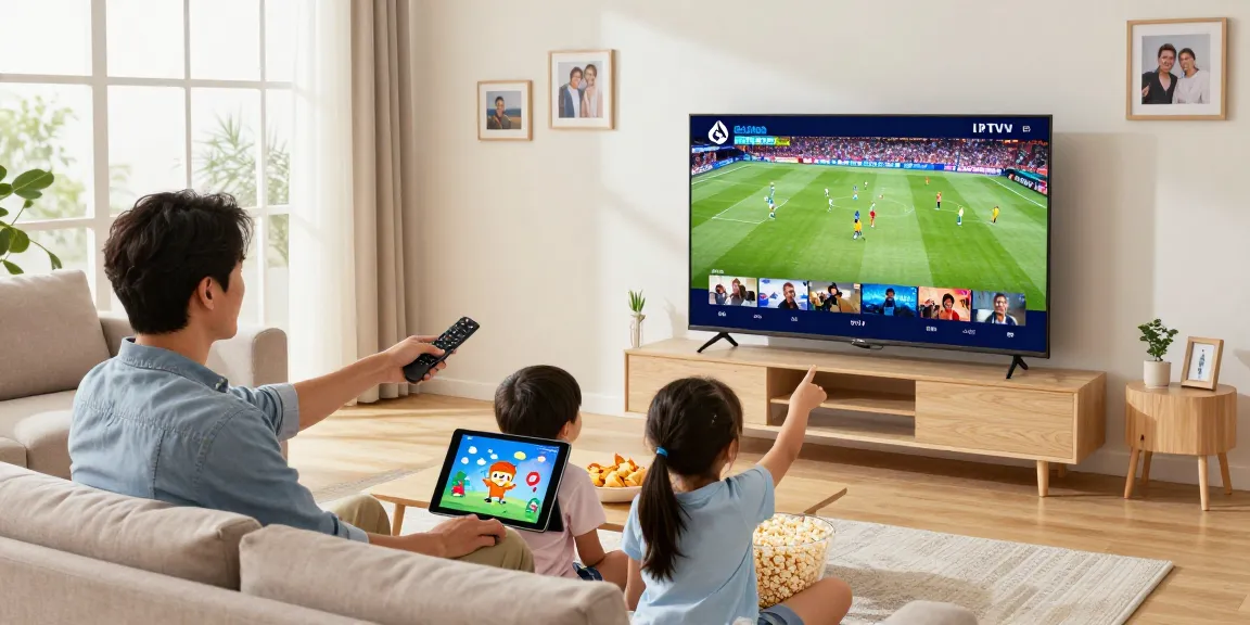 Family enjoying Blue Shark IPTV streaming movies and sports in a cozy living room.