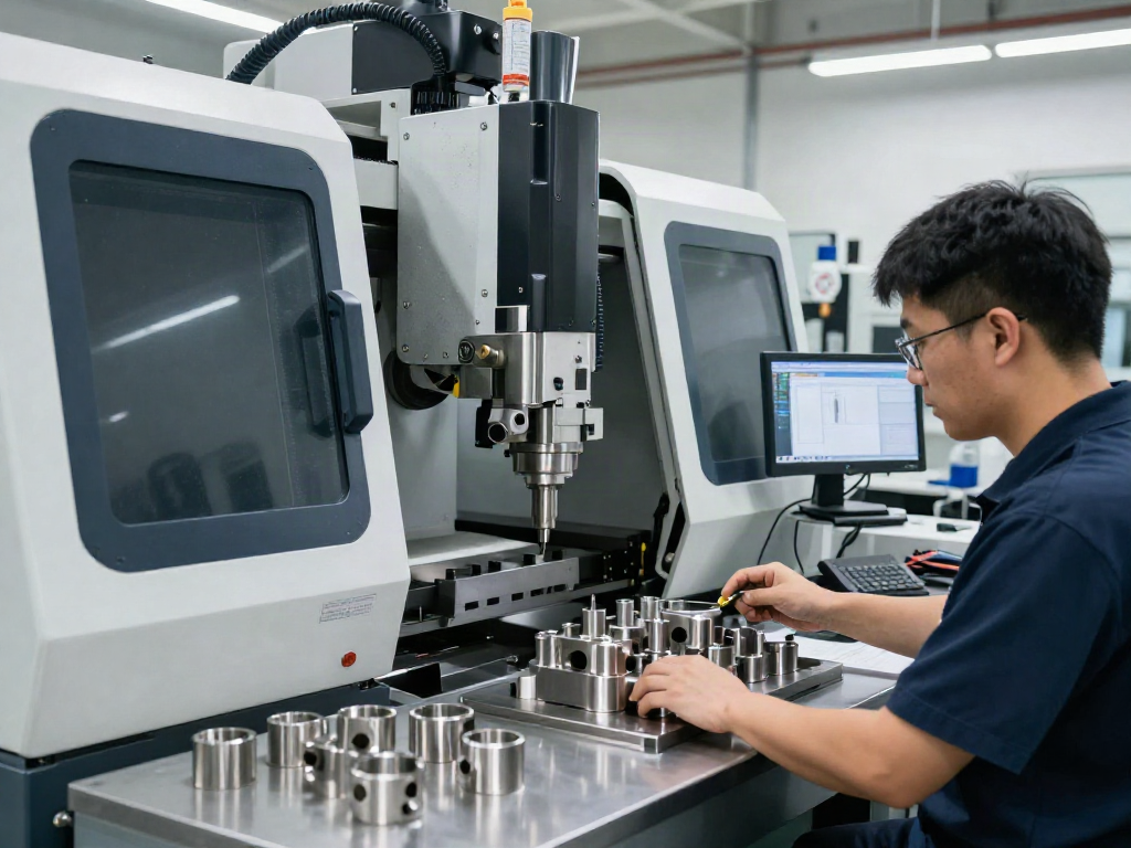 Machined stainless steel parts being precisely manufactured in a modern CNC machining workshop.
