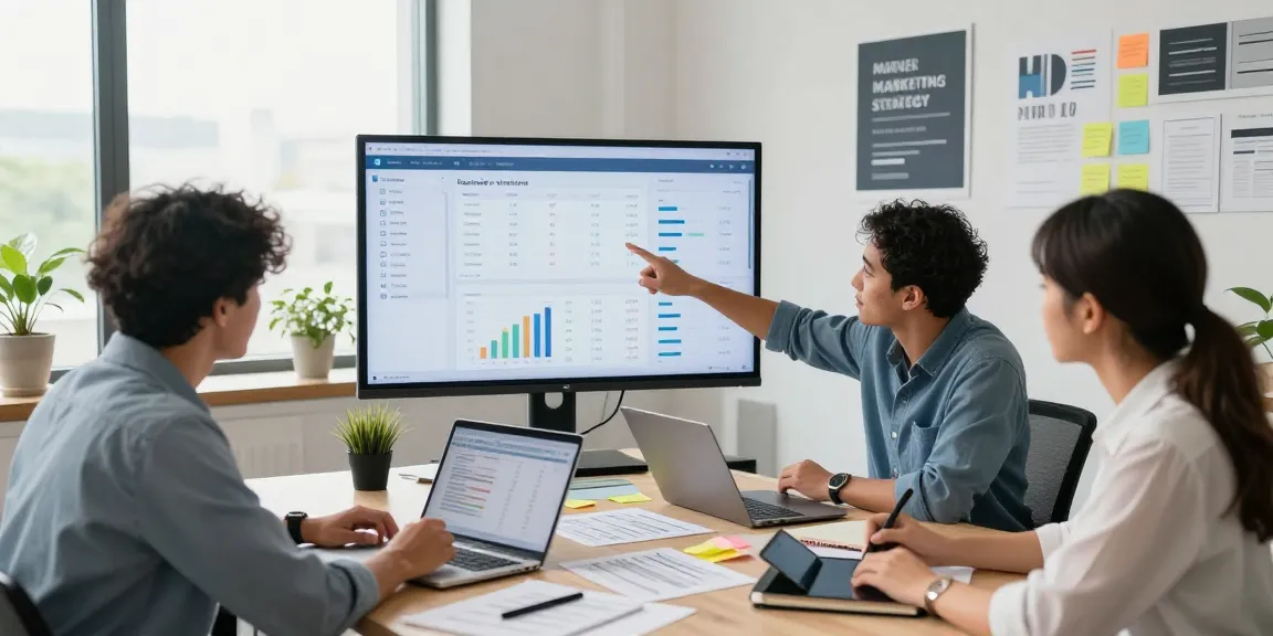 Prediksi 7meter marketing insights discussed by a diverse team in a modern office setting.