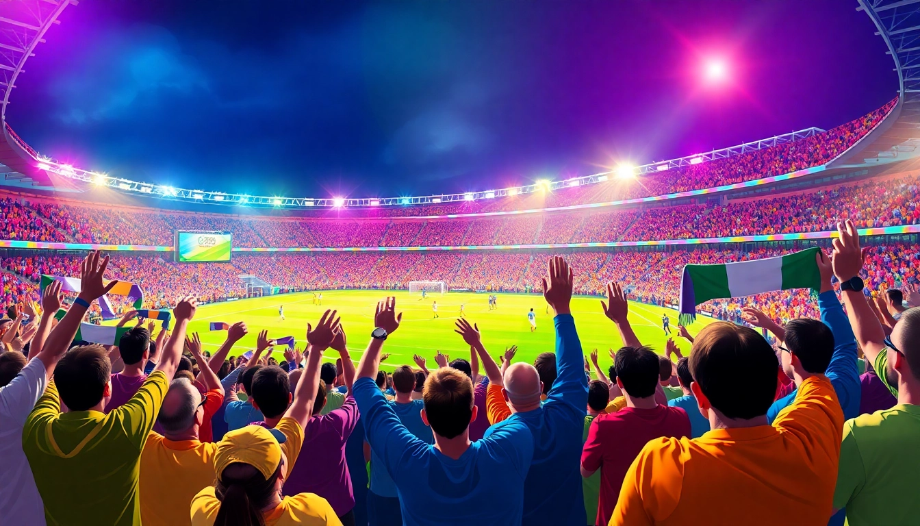 Nonton bola saat pertandingan di stadion dengan suasana meriah dan penggemar antusias.
