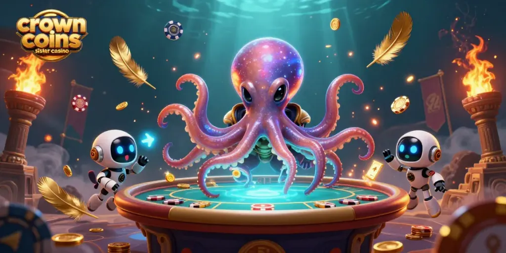 Engage with the crown coins sister casino scene featuring unique characters in a vibrant casino atmosphere.