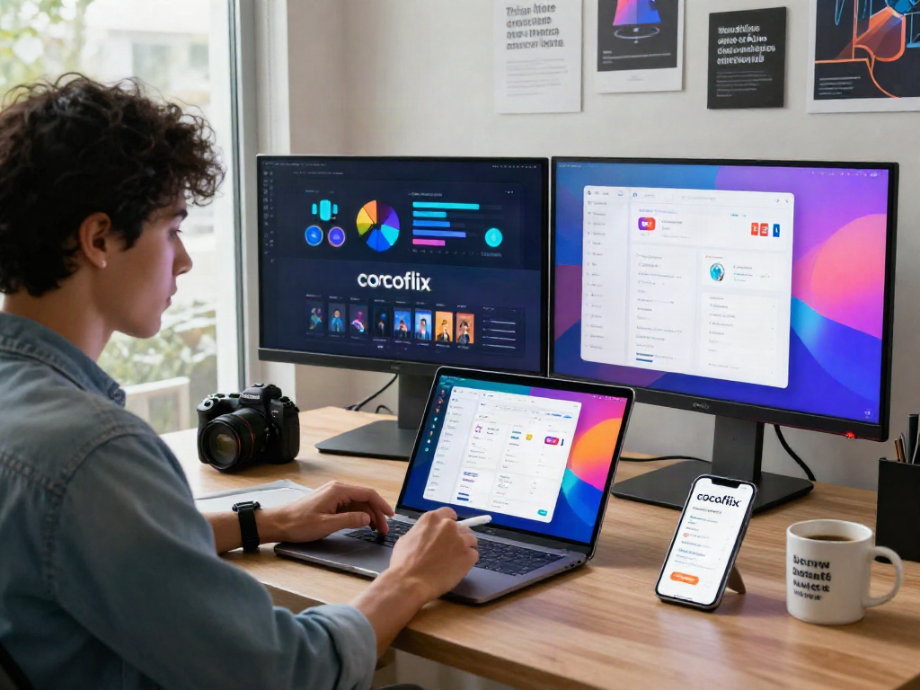 The cocoflix app shown on a laptop in a modern workspace, highlighting user interaction with vibrant digital displays.