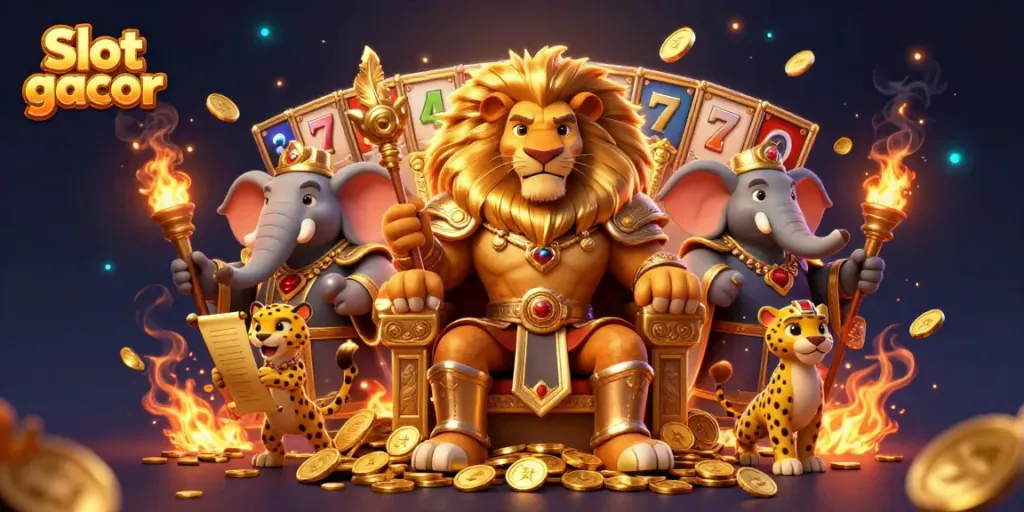 Experience the thrill of Slot gacor with a fierce lion king in a vibrant, dynamic casino scene.