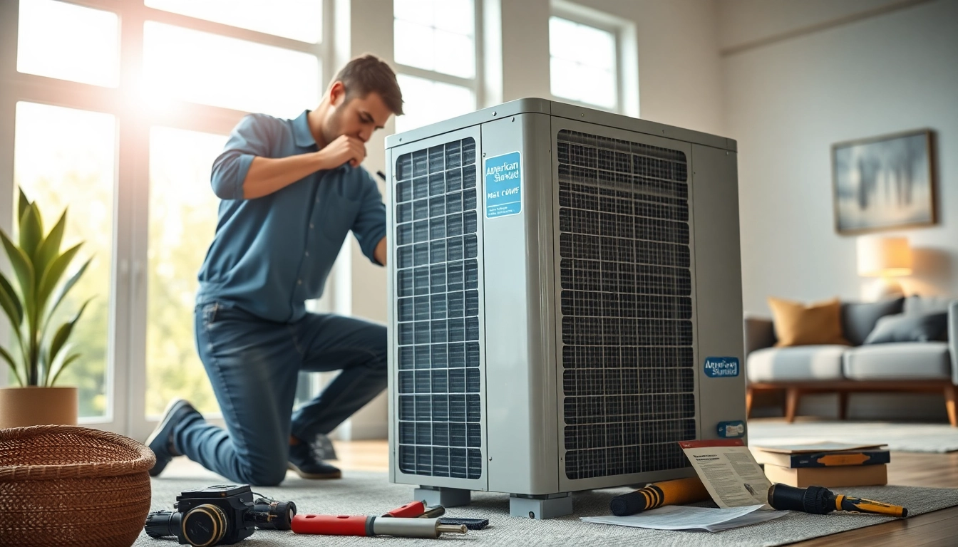 Installation of american standard heat pumps showcased by a technician in a cozy home.