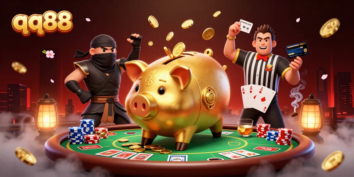 Engage with qq88's vibrant casino atmosphere featuring dynamic gaming elements and characters.