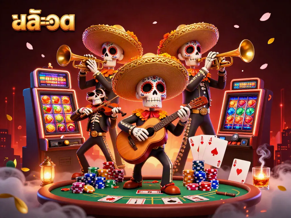 ภาพสล็อตที่เต็มไปด้วยความสนุกสนานจากการเล่นของกลุ่มมาริอาชิในเทศกาล Día de los Muertos