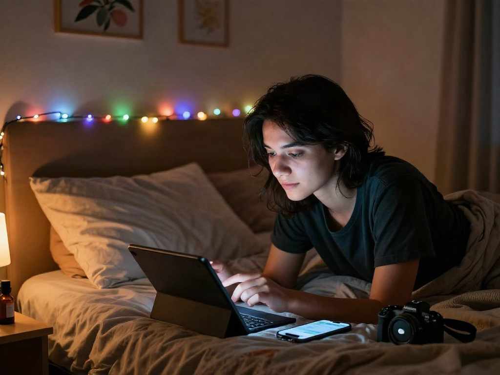 Engaging user interacting with nsfw chat bot in cozy bedroom setting.