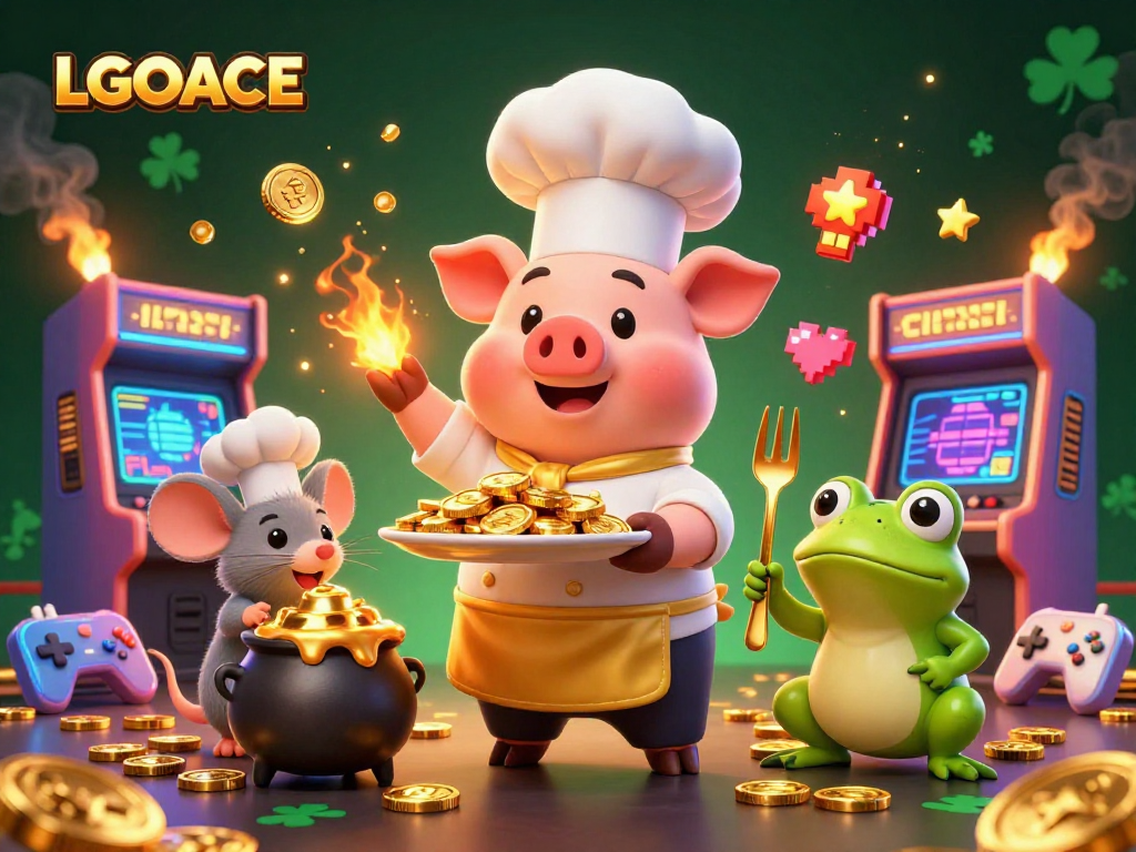 LGOACE showcases a vibrant casino scene with a chef pig serving gold coins, inviting players to win big.