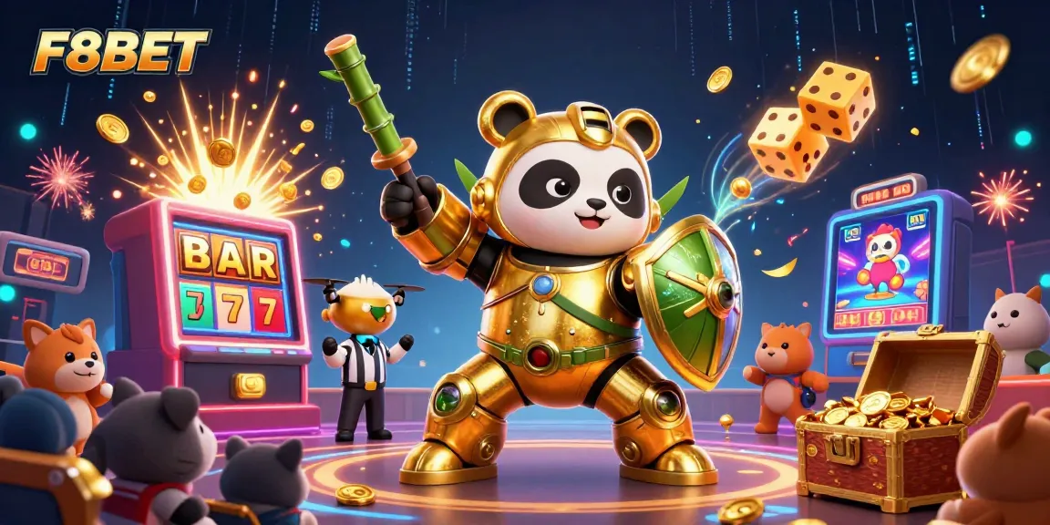 Experience the excitement of F8BET with a vibrant 3D casino scene showcasing a jackpot explosion and dynamic characters.