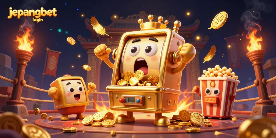 Engage with the exciting jepangbet login experience, featuring cheerful slot machines celebrating wins amid dynamic casino elements and golden tokens.
