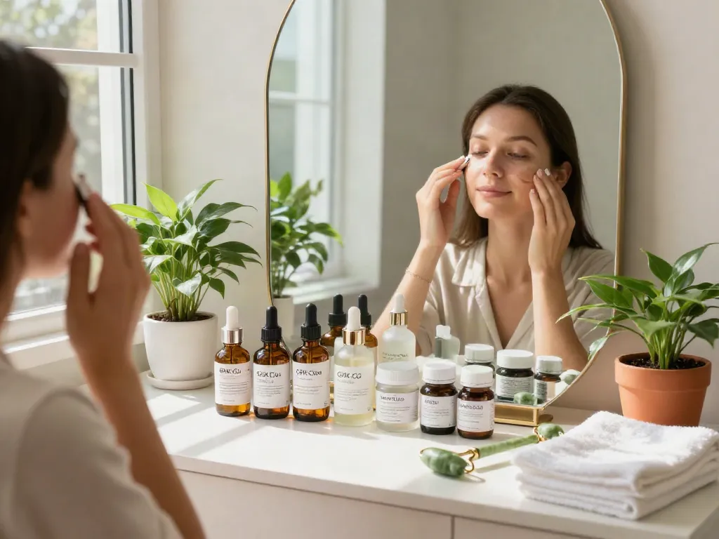 Reveal youthful skin with GHK-Cu and BPC-157 peptides in this serene self-care moment, showcasing how to buy glow peptide Canada.