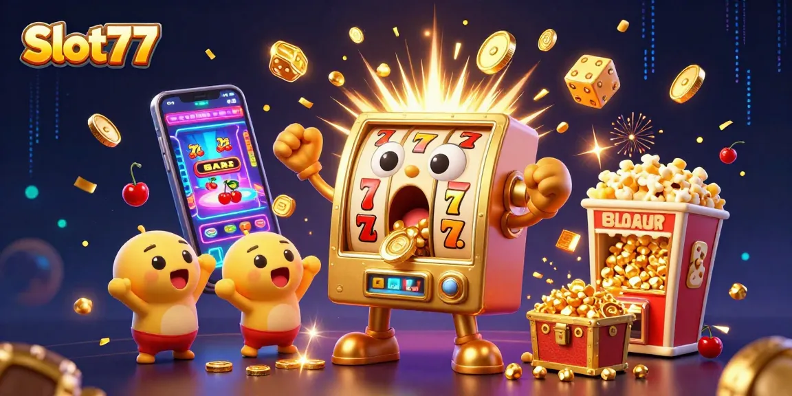 Slot77 merayakan jackpot dengan mesin slot emas dan simbol keberuntungan yang mengelilinginya.