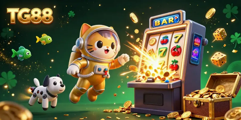 Experience the thrill of winning with TG88 at a vibrant casino scene featuring dynamic 3D characters and jackpots.