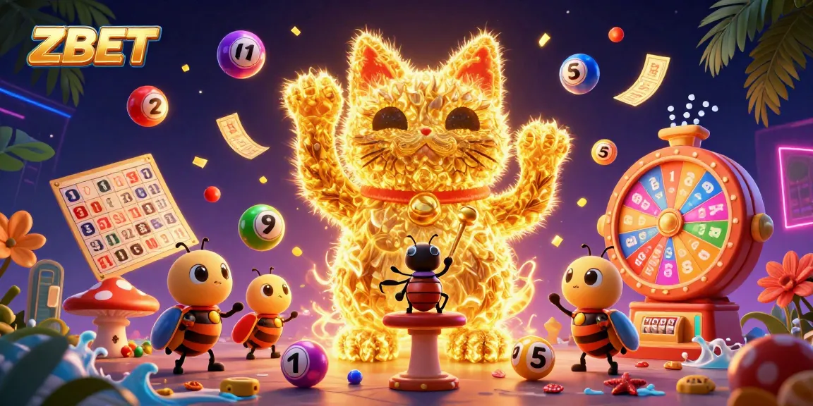 ZBET showcases a vibrant scene of a golden lucky cat and colorful lottery elements, inviting players to win big.