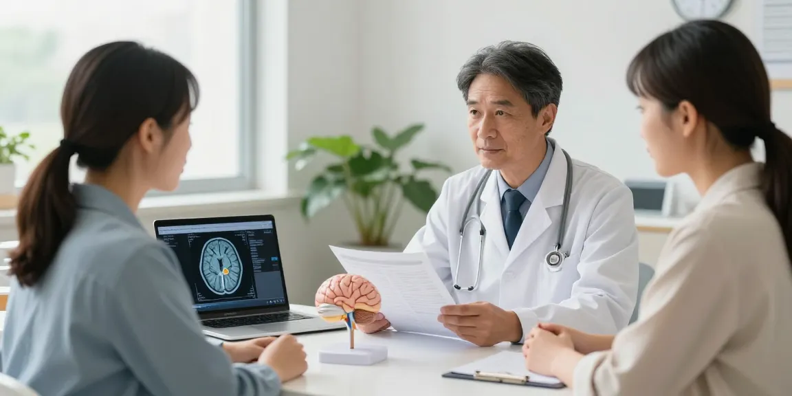 Brain surgery consultation showing neurosurgeon and patient discussing treatment options.