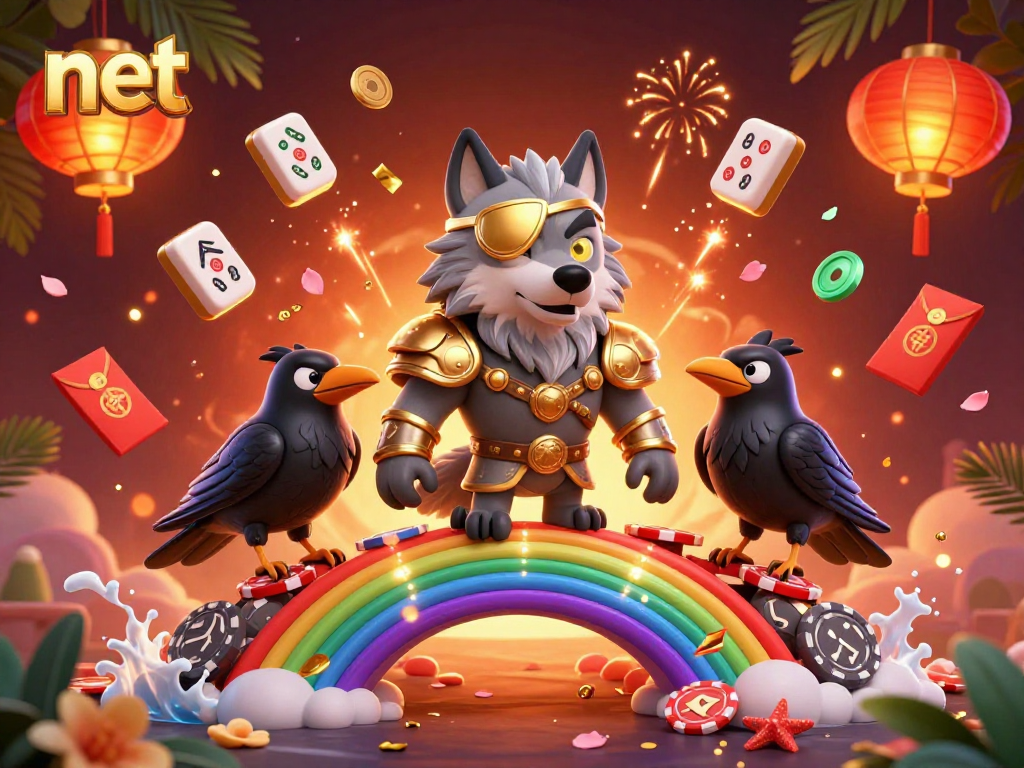 Experience the excitement of net gaming with Odin and ravens surrounded by glowing casino elements and vibrant decor.