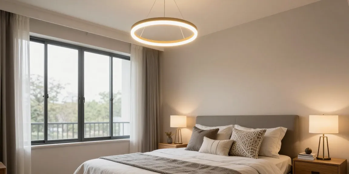 Lustra dormitor elegantă cu iluminare caldă, decor modern și atmosferă relaxantă.