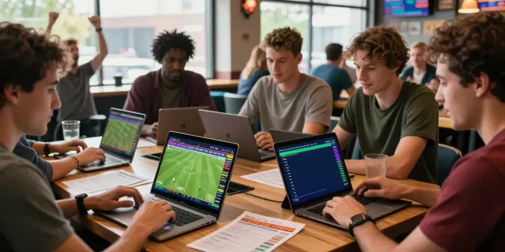 Engaged players analyzing odds on WWBOLA in a lively sports betting lounge.