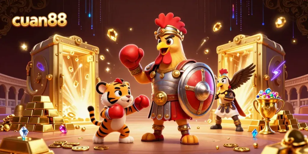 Experience thrilling gameplay at cuan88 with a dynamically rendered scene of a gladiator rooster and tiger cub.