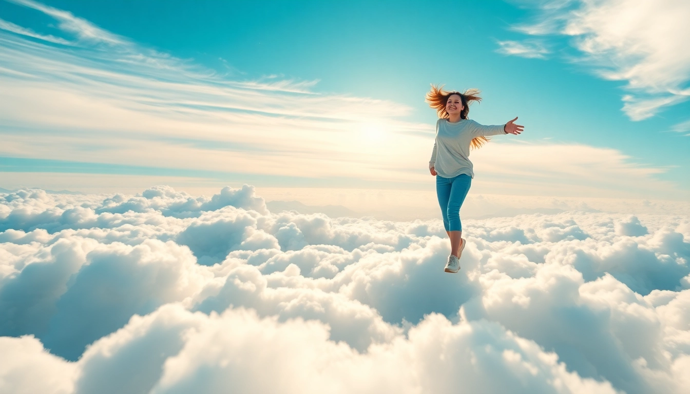 A person joyfully walking on clouds, showcasing freedom and lightness in a vibrant sky.