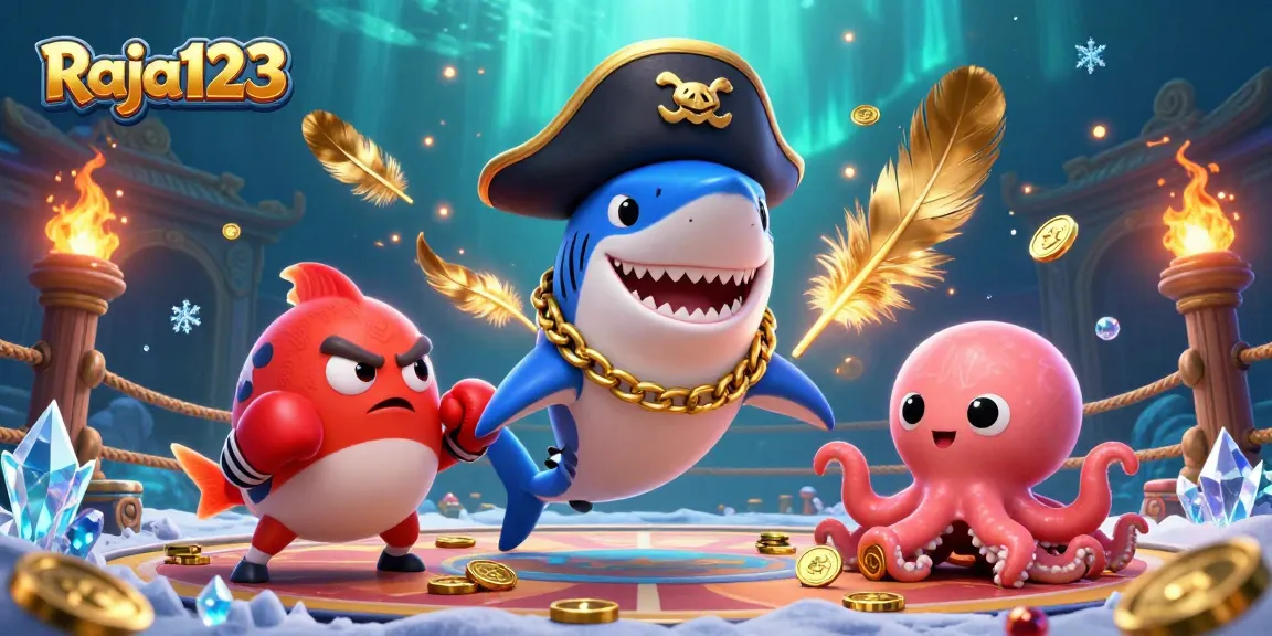 Engage with Raja123 at a vibrant casino scene featuring a pirate shark and friends winning treasures!