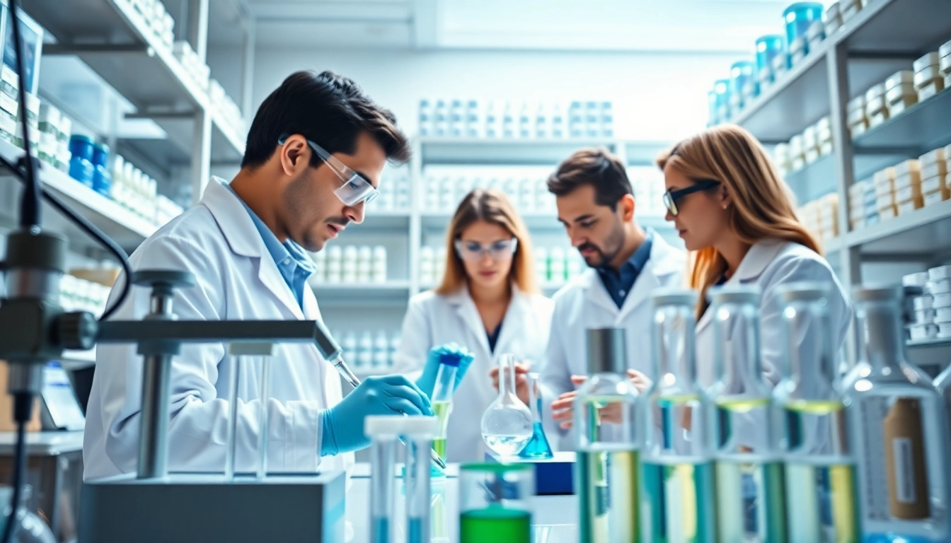 Scientist conducting research in peptide labs, showcasing high-tech equipment and energetic atmosphere.