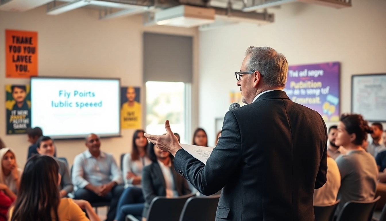 Public Speaking Coach engaging an audience in a vibrant workshop environment, emphasizing interaction.