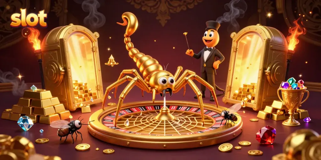 Engage in an exciting slot game scene with a whimsical spider and centipede at a roulette web.