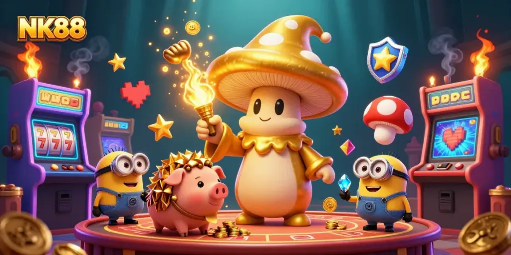 Engage with NK88, a magical casino scene filled with golden treasures and dynamic game elements.