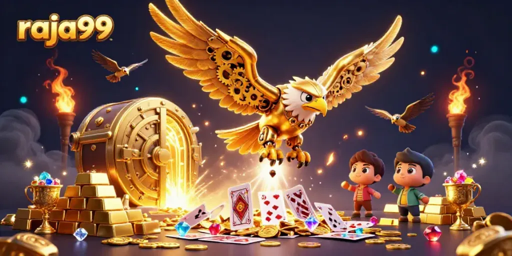 Experience thrilling wins at raja99 with a dynamic scene of a cybernetic eagle amidst gold and gaming symbols.
