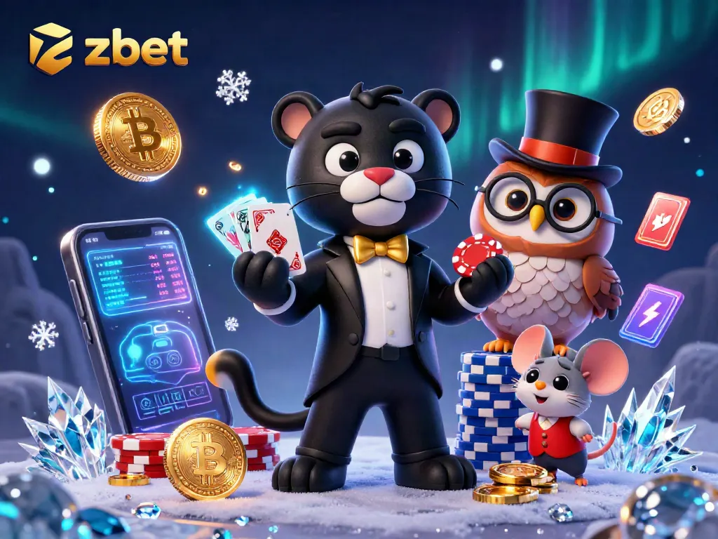 Zbet gaming scene with a panther dealer, owl with poker chips, and a lucky mouse amidst vibrant casino elements.