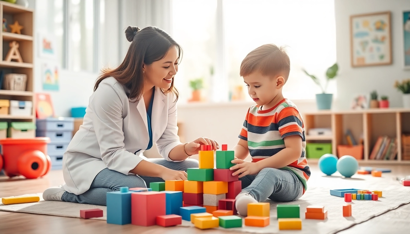 Engaging scene of ABA therapy near me with a therapist helping a child in a friendly environment.